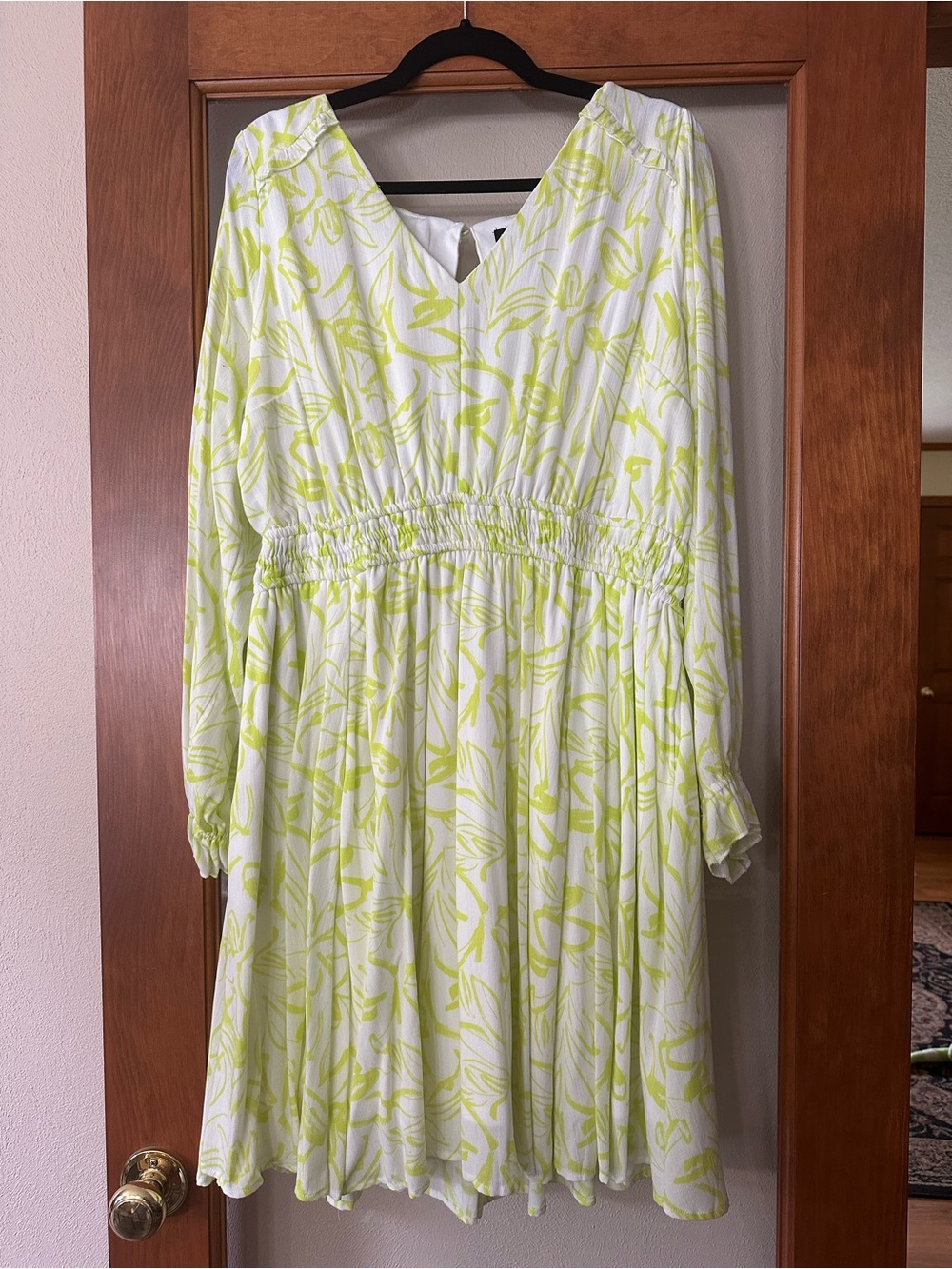 torrid White Dress with Lemon-Yellow Abstract Print, Long Sleeve